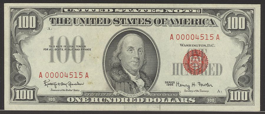 Fr.1550, 1966 $100 Legal Tender Note, Low Serial Number A00004515A, VF